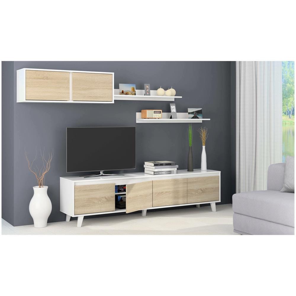Parete Attrezzata Orlando, Mobile Da Soggiorno Porta Tv, Composizione Per Salotto Con Pensile E Mensola, 200x50h41 Cm, Bianco E Rovere - Foto 1