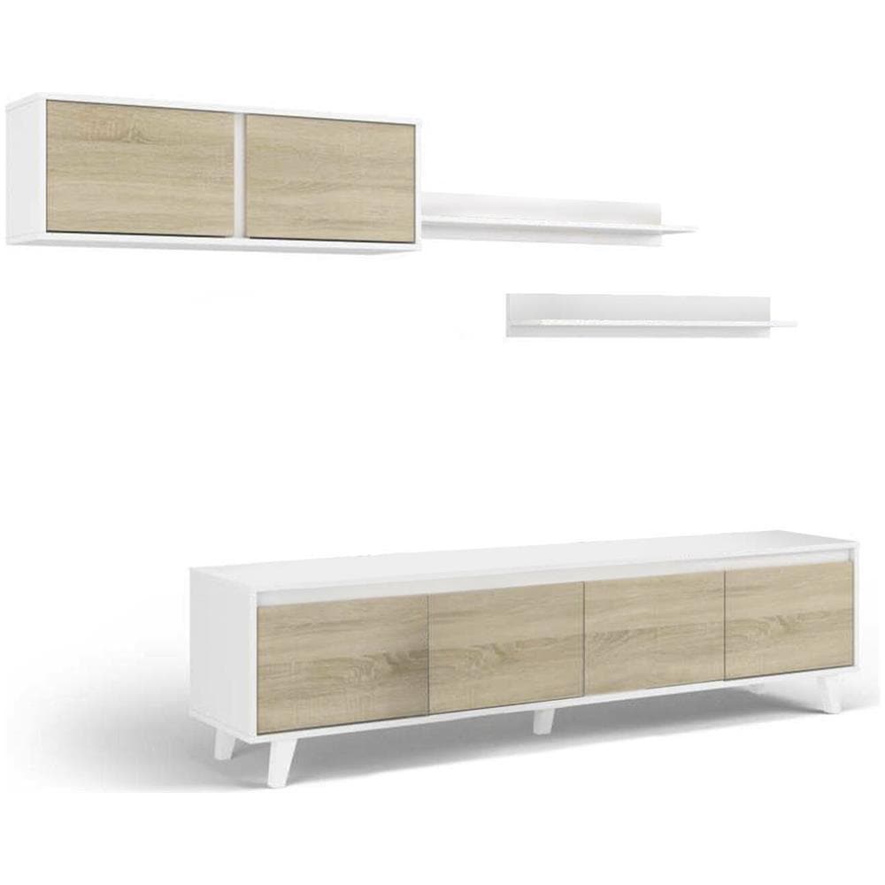 Parete Attrezzata Orlando, Mobile Da Soggiorno Porta Tv, Composizione Per Salotto Con Pensile E Mensola, 200x50h41 Cm, Bianco E Rovere - Foto 2