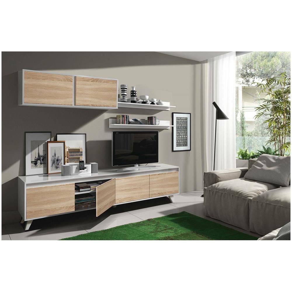 Parete Attrezzata Orlando, Mobile Da Soggiorno Porta Tv, Composizione Per Salotto Con Pensile E Mensola, 200x50h41 Cm, Bianco E Rovere - Foto 4
