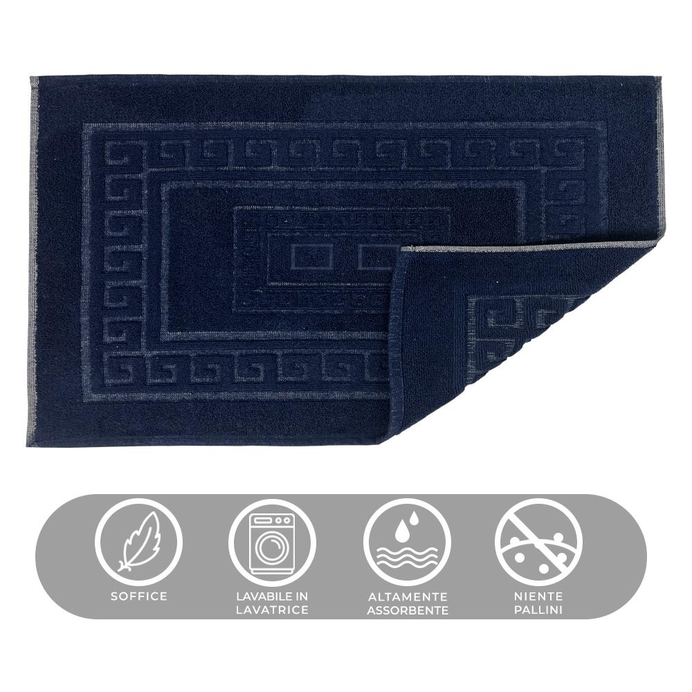Tappeto Bagno Doccia Spugna Tinta Unita Torino Tappetino Super Assorbente In Cotone Pelo Corto Con Greca 45x60 Blu Notte - Foto 2