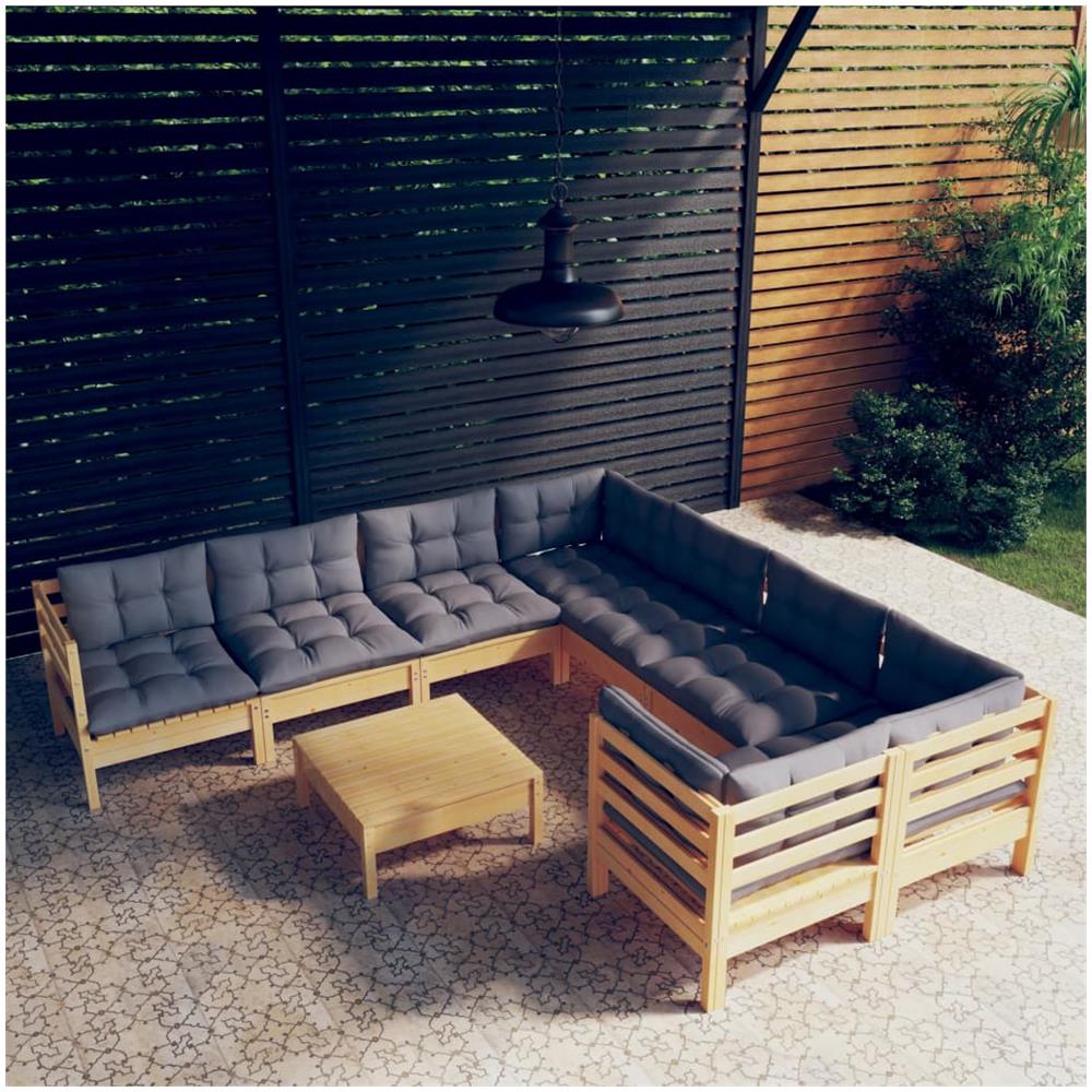 Set Divani Da Giardino 9 Pz Con Cuscini Grigi Massello Di Pino - Foto 1