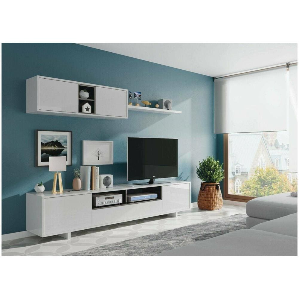 Parete Attrezzata Hartford, Mobile Da Soggiorno Porta Tv, Composizione Set Salotto, Set Salotto Con Pensile, 260x41h46 Cm, Bianco Lucido - Foto 1