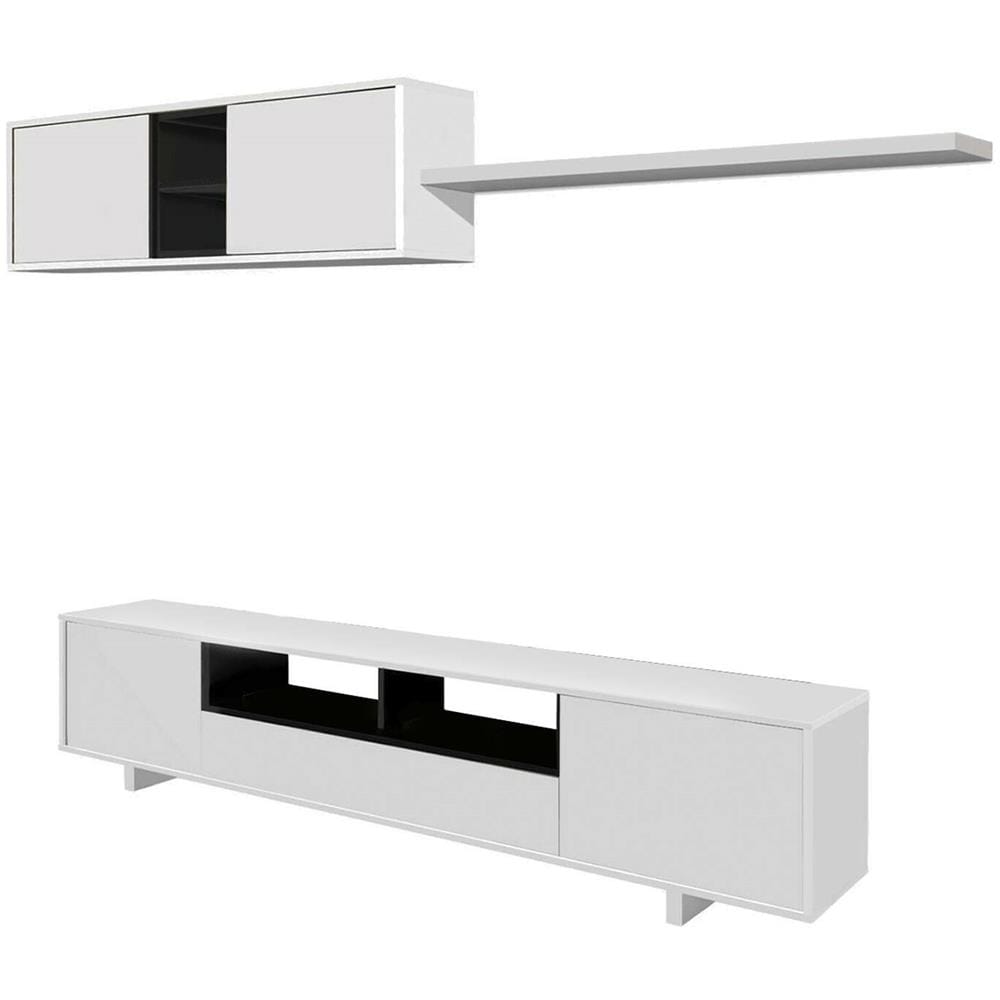 Parete Attrezzata Hartford, Mobile Da Soggiorno Porta Tv, Composizione Set Salotto, Set Salotto Con Pensile, 260x41h46 Cm, Bianco Lucido - Foto 2