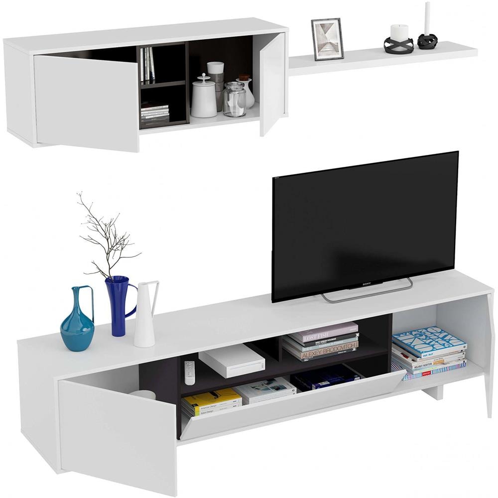 Parete Attrezzata Hartford, Mobile Da Soggiorno Porta Tv, Composizione Set Salotto, Set Salotto Con Pensile, 260x41h46 Cm, Bianco Lucido - Foto 4