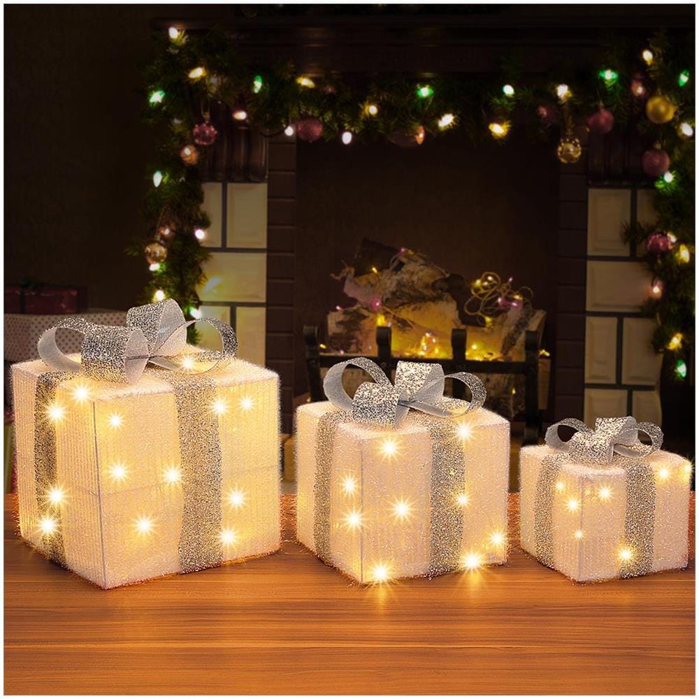 Set 3 Pacchetti Pacchi Regalo Luminosi Natale Bianco e Argento Interni e Esterni - Foto 4