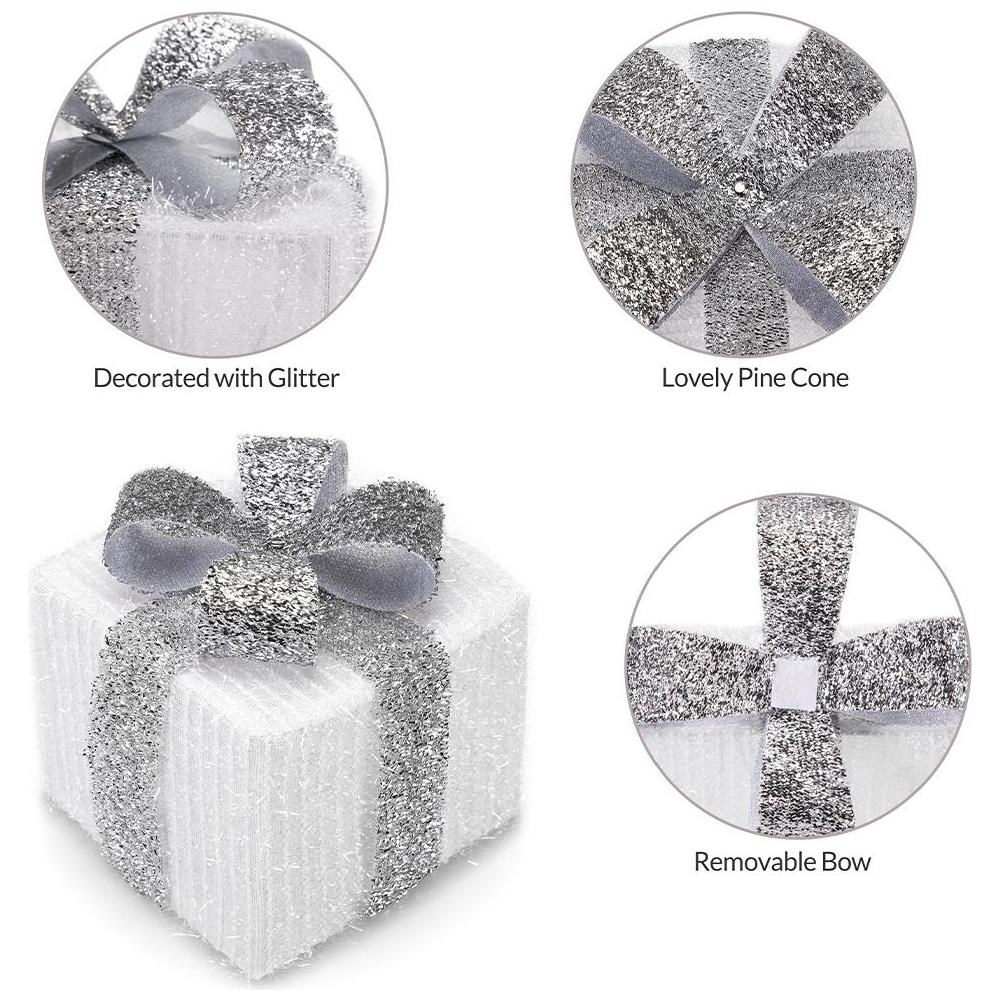 Set 3 Pacchetti Pacchi Regalo Luminosi Natale Bianco e Argento Interni e Esterni - Foto 2