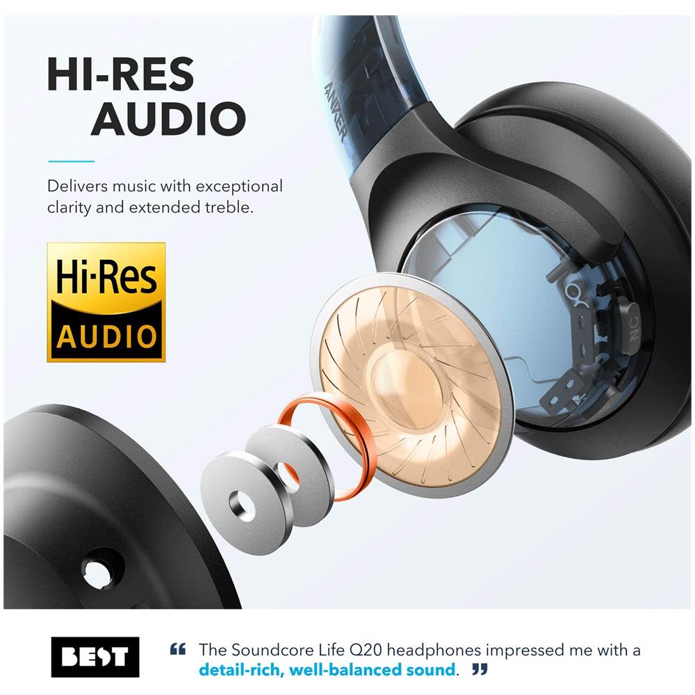ANKER - Soundcore Cuffie Bluetooth Life Q20, Cuffie Bluetooth Over Ear Anc,  30 Ore Di Riproduzione, Audio Hi-res, Bassi Profondi, Memory Foam, Cuffie  Sovrauricolari Wireless Da Viaggio, Lavoro E Treno - ePRICE