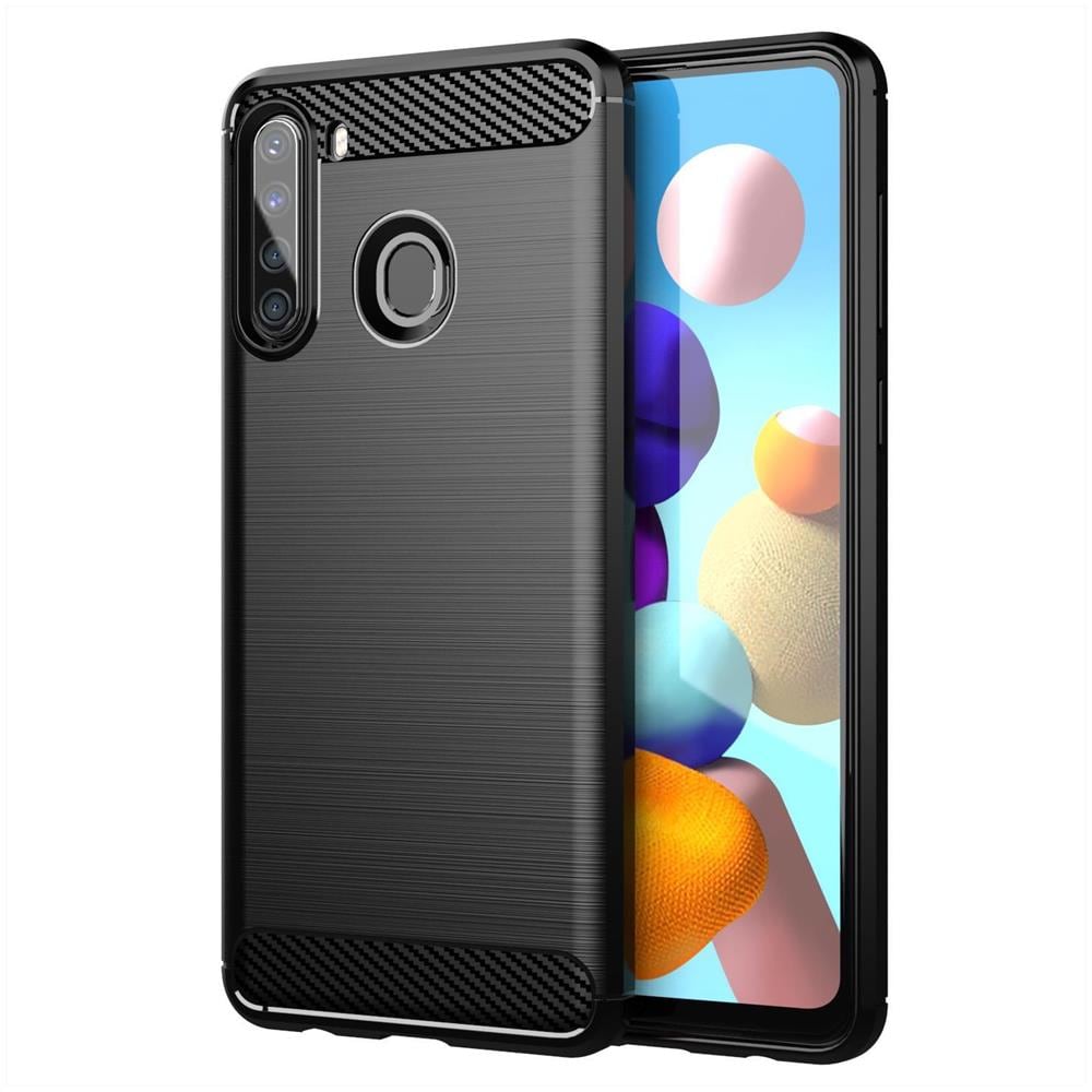 Custodia Compatibile Con Samsung Galaxy A21 Eu In Brushed Nero - Coperchio Protettivo In Silicone Tpu Flessibile In Look Acciaio Inossidabile-fibra Di Carbonio - Foto 1