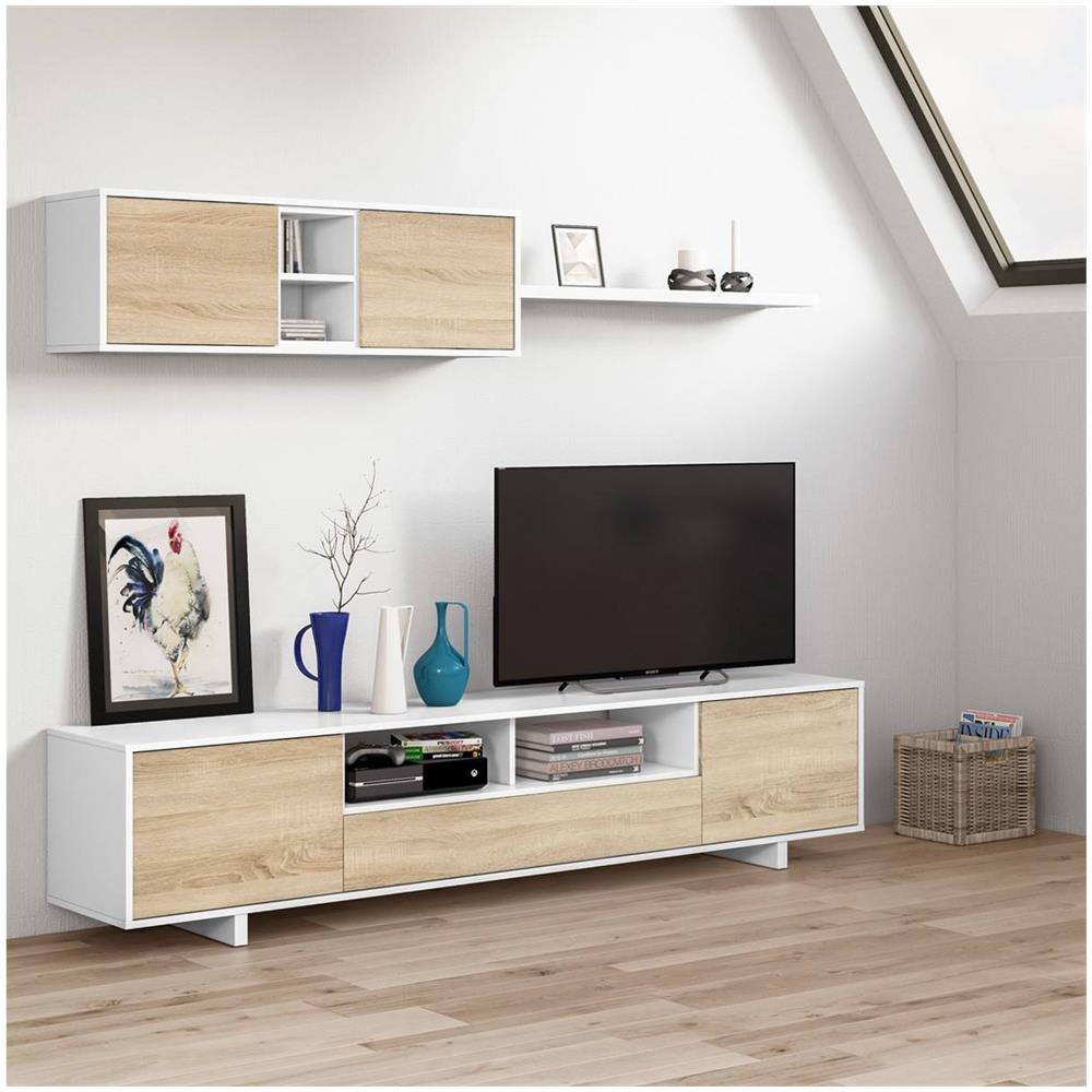Parete Attrezzata Hartford, Mobile Da Soggiorno Porta Tv, Composizione Set Salotto, Set Salotto Con Pensile, 260x41h46 Cm, Bianco Lucido E Rovere - Foto 1