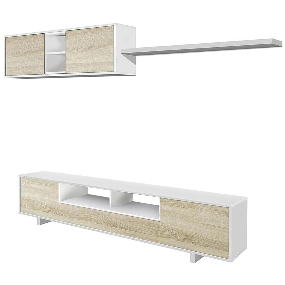 Parete Attrezzata Hartford, Mobile Da Soggiorno Porta Tv, Composizione Set Salotto, Set Salotto Con Pensile, 260x41h46 Cm, Bianco Lucido E Rovere - Foto 2