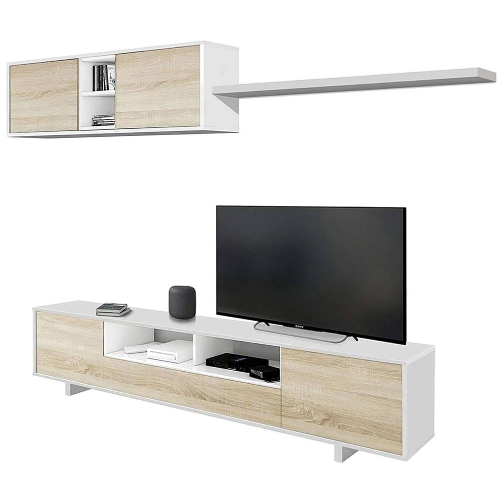 Parete Attrezzata Hartford, Mobile Da Soggiorno Porta Tv, Composizione Set Salotto, Set Salotto Con Pensile, 260x41h46 Cm, Bianco Lucido E Rovere - Foto 4