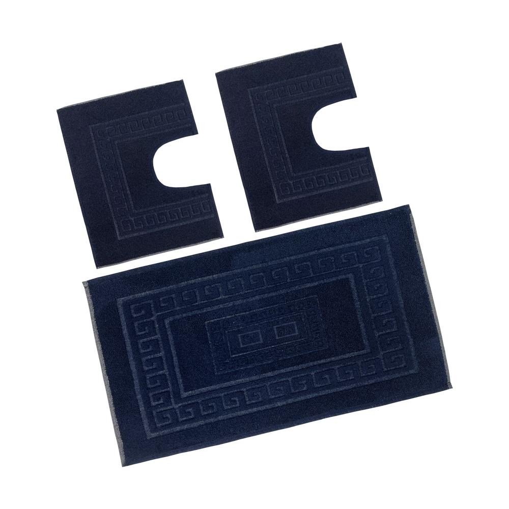 Tappeto Bagno Doccia Spugna Tinta Unita Torino Tappetino Super Assorbente In Cotone Pelo Corto Con Greca Parure 3 Pezzi Blu Notte - Foto 1