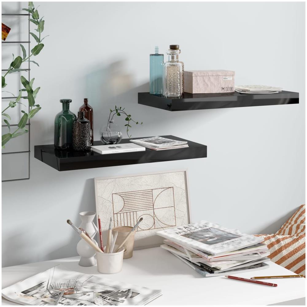 Scaffali A Parete 2 Pz Nero Lucido 50x23x3,8 Cm In Mdf - Foto 1