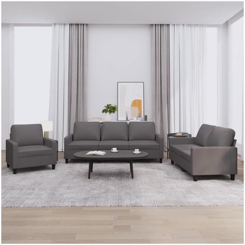 Set Di Divani 3 Pz Con Cuscini Grigio In Similpelle - Foto 1