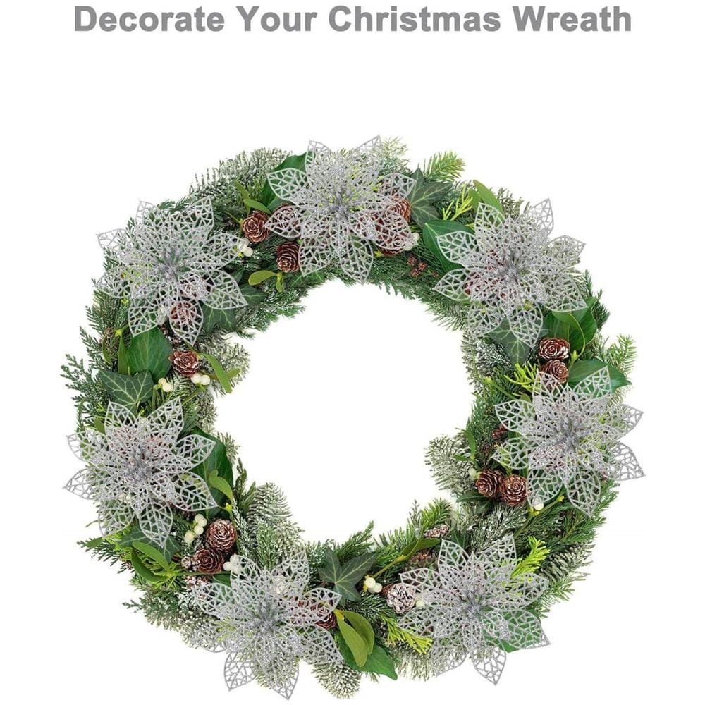 Glitter Natale Fiori Plastica Argento 10 Parti - Foto 2
