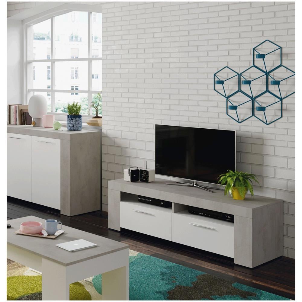 Mobile Porta Tv Stamford, Credenza Per Televisione Da Soggiorno, Supporto Tv A 2 Ante, Credenza Bassa Da Salotto, 120x42h40 Cm, Bianco E Cemento - Foto 1