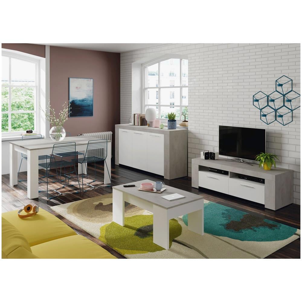 Mobile Porta Tv Stamford, Credenza Per Televisione Da Soggiorno, Supporto Tv A 2 Ante, Credenza Bassa Da Salotto, 120x42h40 Cm, Bianco E Cemento - Foto 4