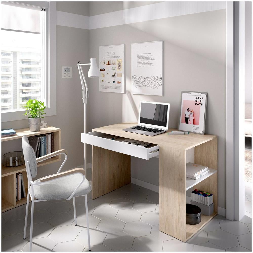 Scrivania Grigna, Scrittoio Multiuso Da Ufficio O Cameretta, Tavolo Da Studio Lineare Con Scaffali, 115x50h74 Cm, Rovere E Bianco - Foto 1