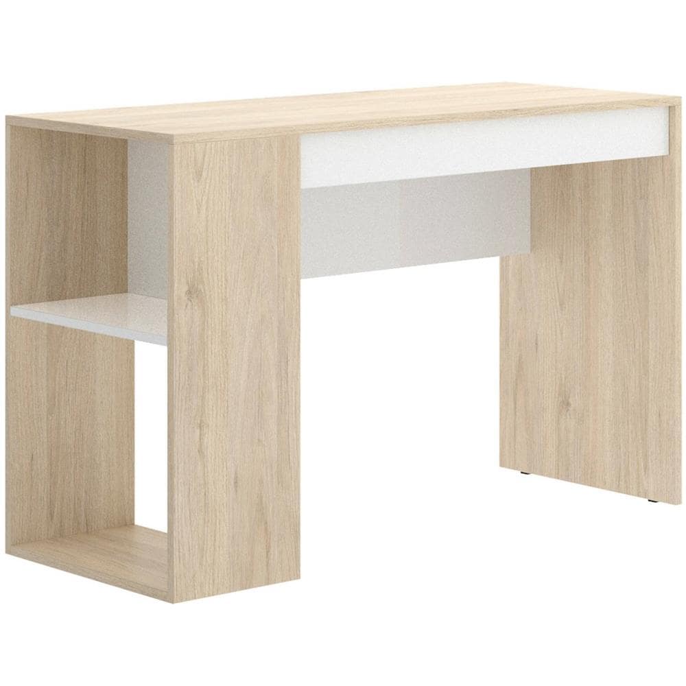 Scrivania Grigna, Scrittoio Multiuso Da Ufficio O Cameretta, Tavolo Da Studio Lineare Con Scaffali, 115x50h74 Cm, Rovere E Bianco - Foto 2