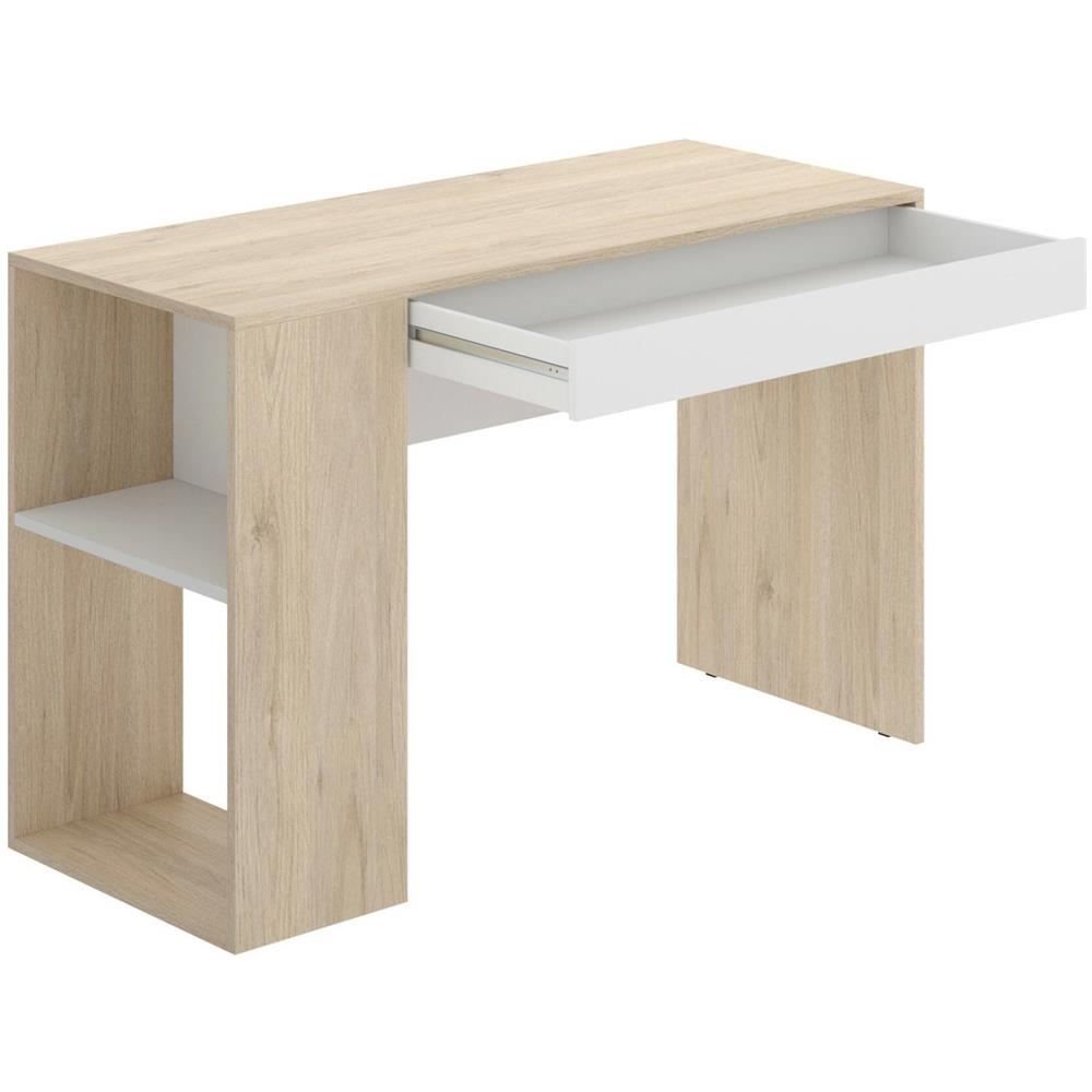 Scrivania Grigna, Scrittoio Multiuso Da Ufficio O Cameretta, Tavolo Da Studio Lineare Con Scaffali, 115x50h74 Cm, Rovere E Bianco - Foto 4