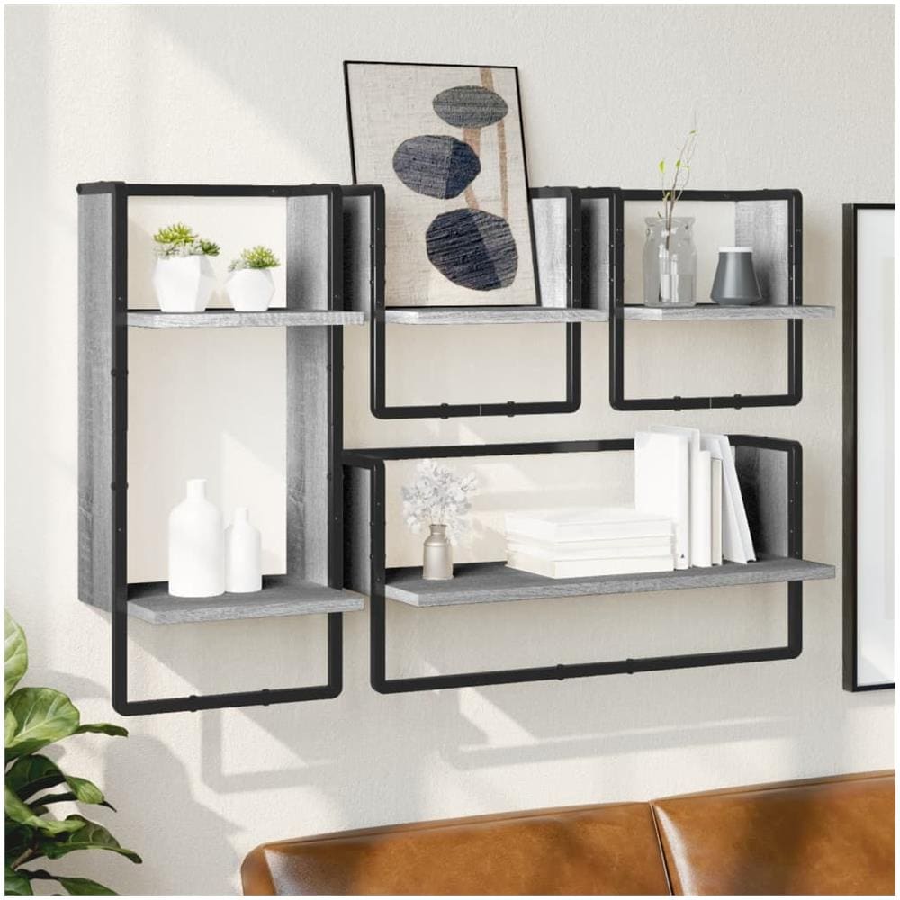 Set Mensole Parete Con Aste 4pz Grigio Sonoma Legno Multistrato - Foto 1