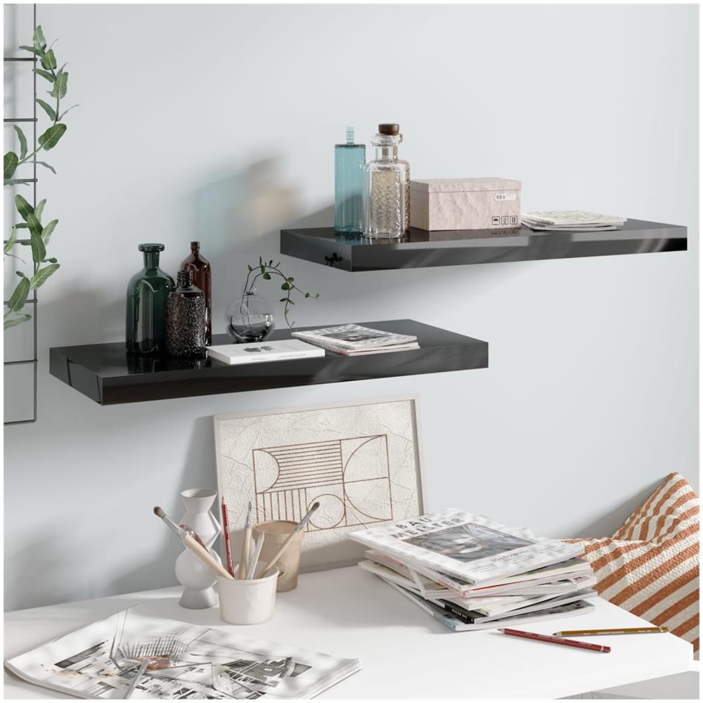 Scaffali A Parete 2 Pz Nero Lucido 60x23,5x3,8 Cm In Mdf - Foto 1