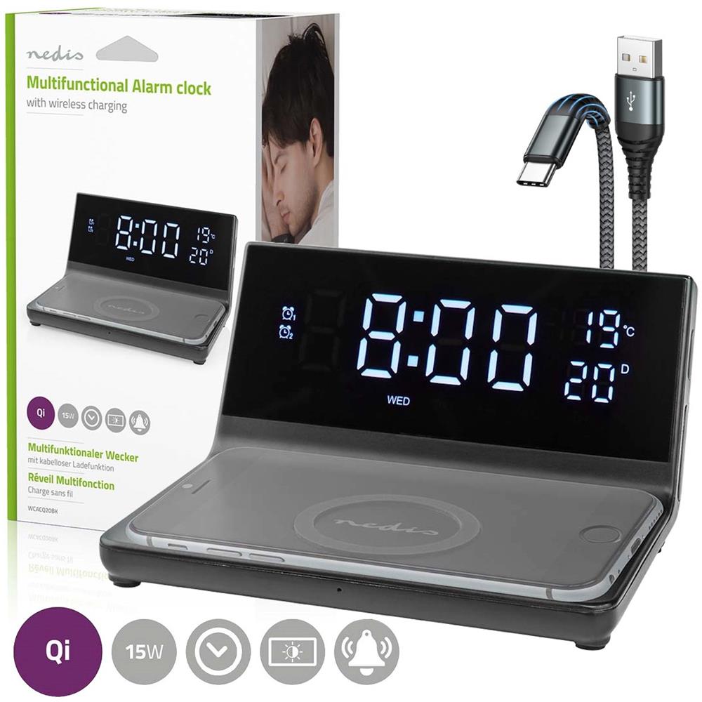 Sveglia 3 In 1 Con Caricatore Wireless Qi Da 15w E Funzione Snooze, Nero - Foto 1
