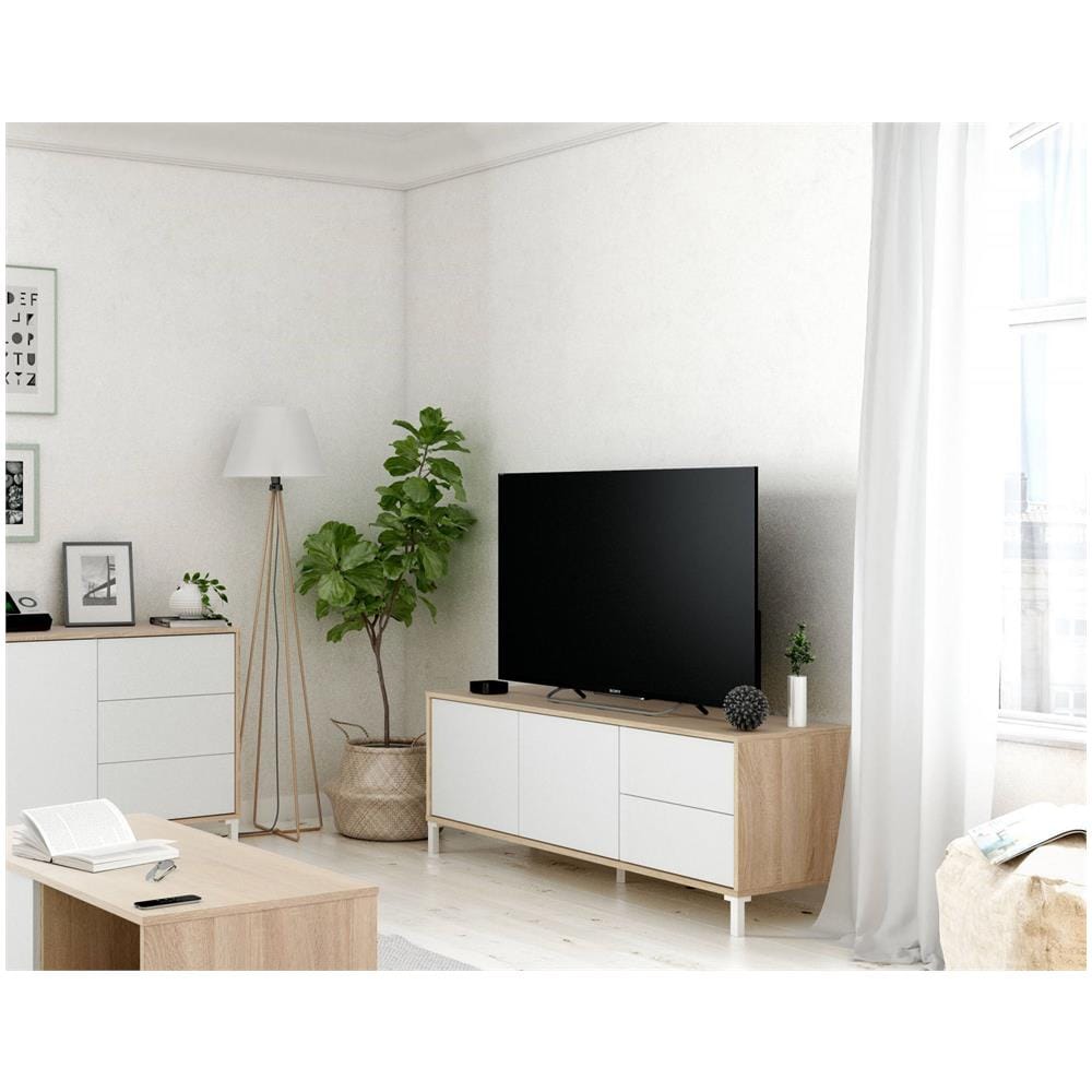 Mobile Porta Tv Cary, Credenza Per Televisione A 2 Ante, Supporto Tv Da Soggiorno, Mobile Porta Tv, Madia Per Salotto, 130x41h47 Cm, Rovere E Bianco - Foto 1