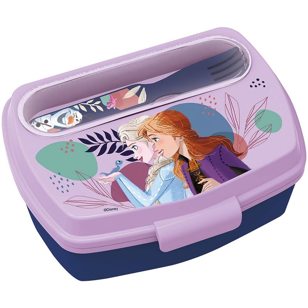 Disney Sandwich Box Azzurra Per Bambine In Plastica Frozen Elsa Anna E Olaf Con Cucchiaio E Forchetta - Foto 1