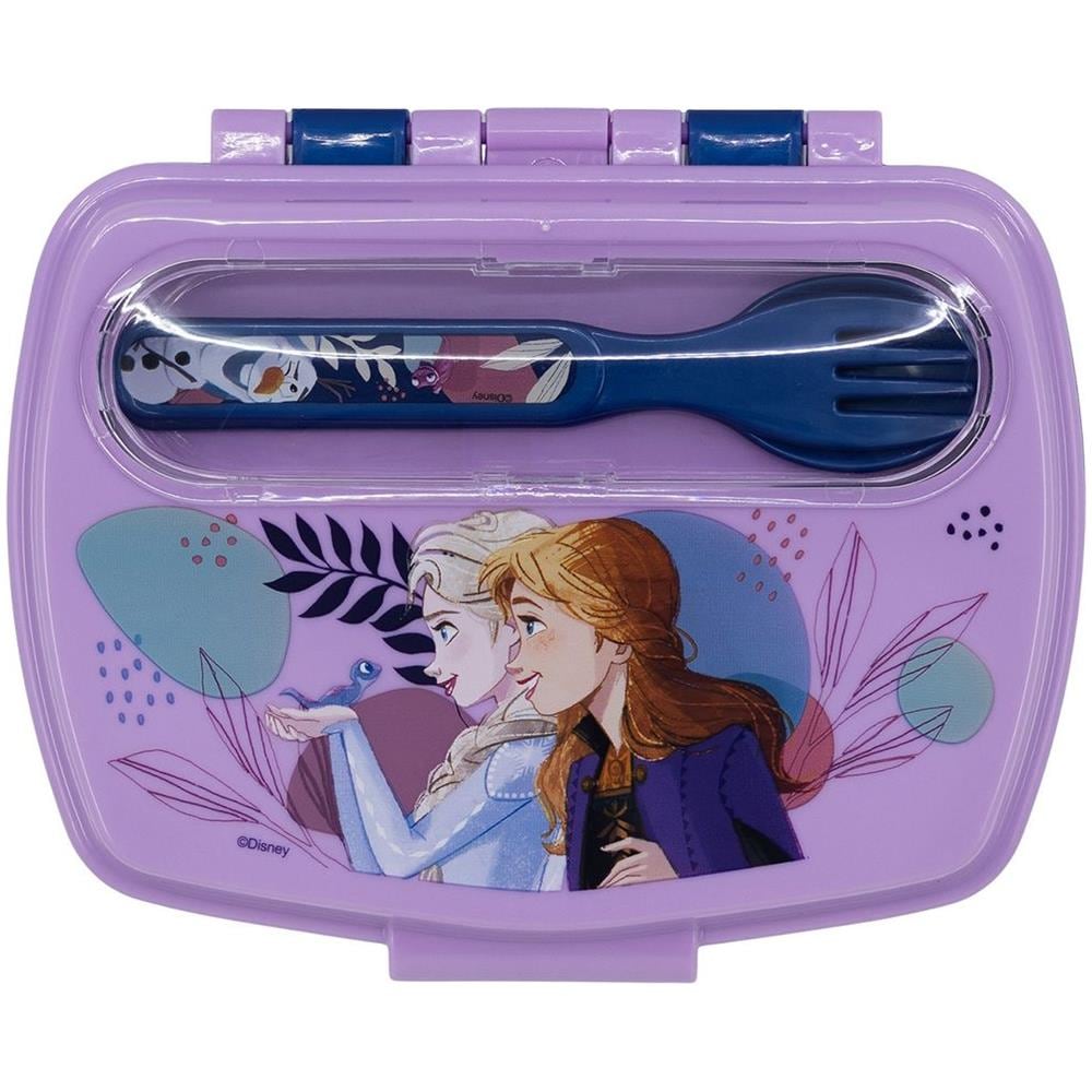 Disney Sandwich Box Azzurra Per Bambine In Plastica Frozen Elsa Anna E Olaf Con Cucchiaio E Forchetta - Foto 3