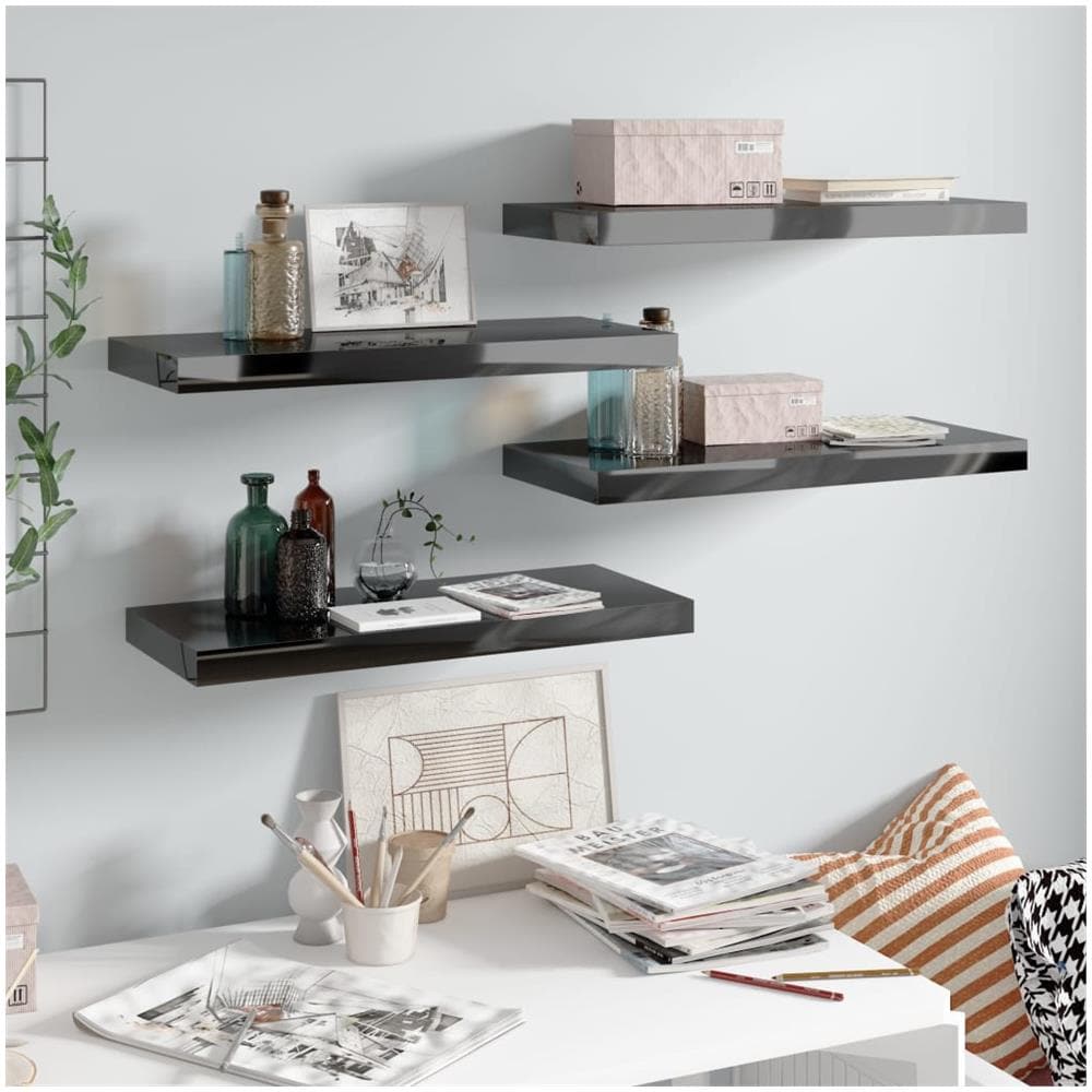 Scaffali A Parete 4 Pz Nero Lucido 60x23,5x3,8 Cm In Mdf - Foto 1