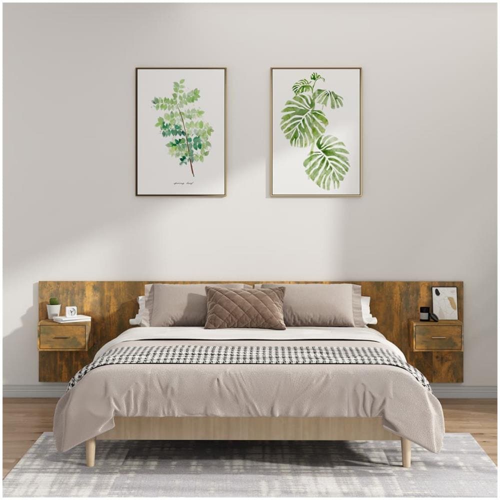 Testiera Letto Con Comodini In Legno Multistrato Rovere Fumo - Foto 1