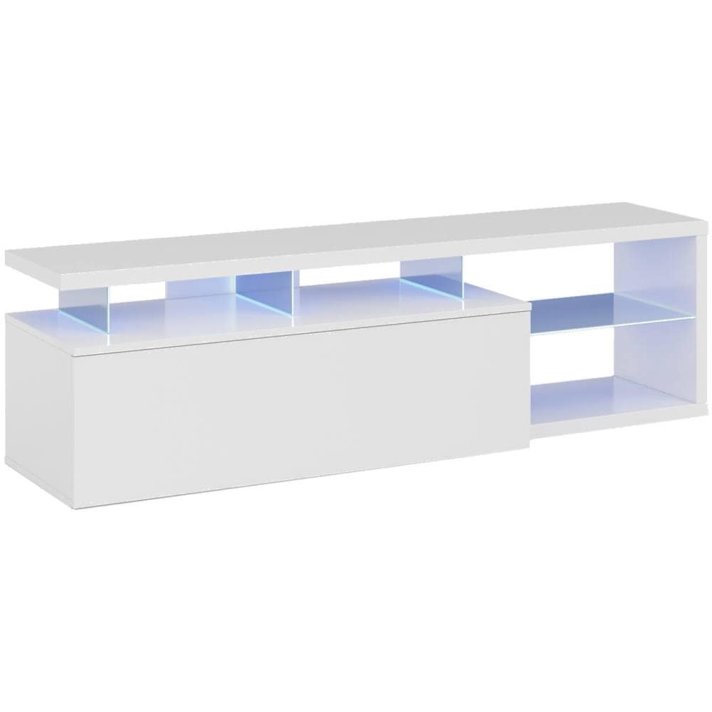 Mobile Porta Tv Pittsburgh, Credenza Per Televisione Da Soggiorno Con 1 Anta, Supporto Tv Con Luce Led, Buffet Da Salotto, 150x41h50 Cm, Bianco Lucido - Foto 2