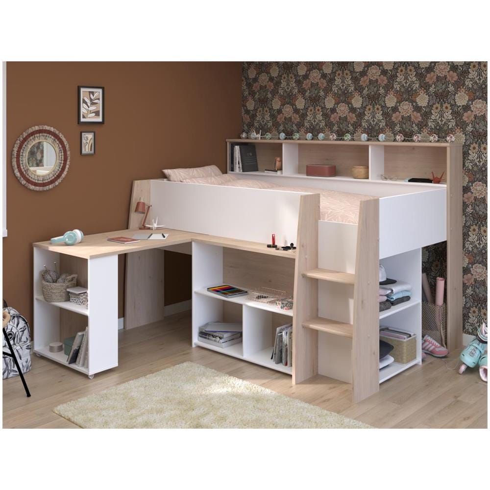Letto Combinato 90 X 200 Cm Con Scrivania E Scomparti Bianco E Naturale - Apolino - Foto 1