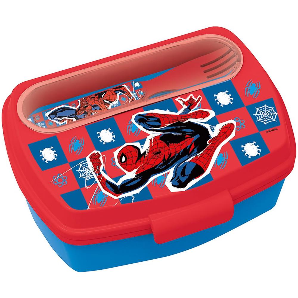 Sandwich Box Rossa Per Bambini In Plastica Spiderman Uomo Ragno Con Cucchiaio E Forchetta - Foto 1