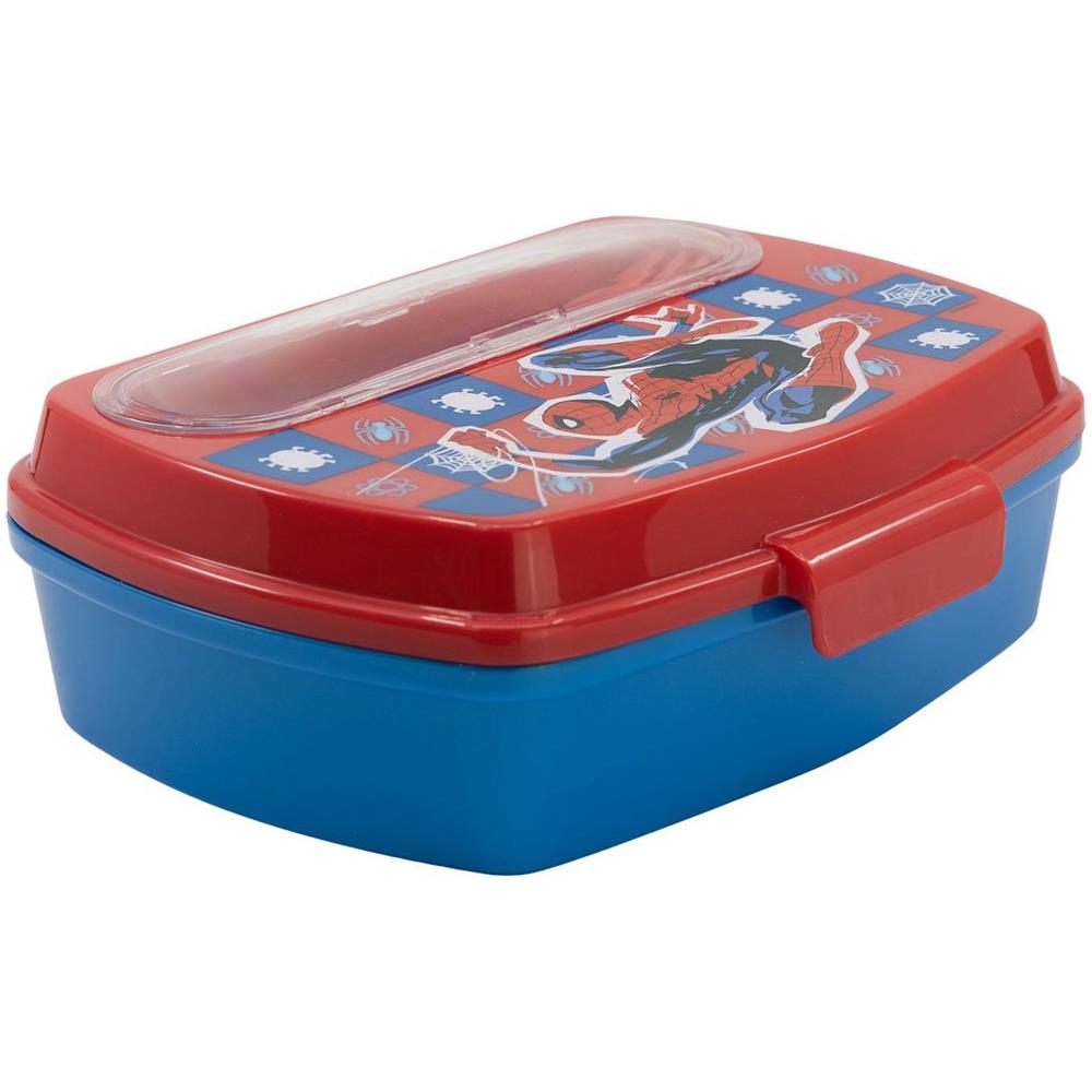 Sandwich Box Rossa Per Bambini In Plastica Spiderman Uomo Ragno Con Cucchiaio E Forchetta - Foto 2