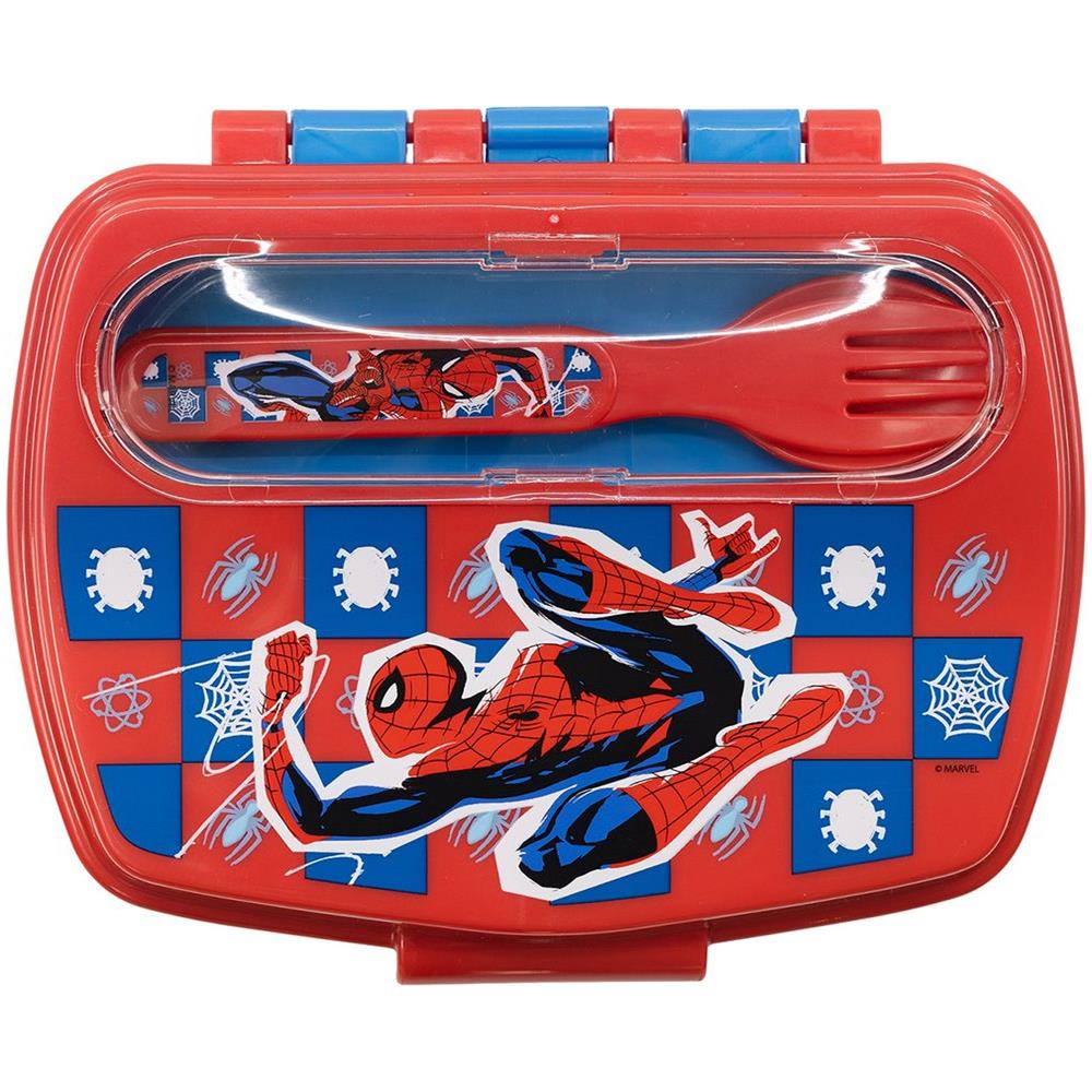 Sandwich Box Rossa Per Bambini In Plastica Spiderman Uomo Ragno Con Cucchiaio E Forchetta - Foto 3