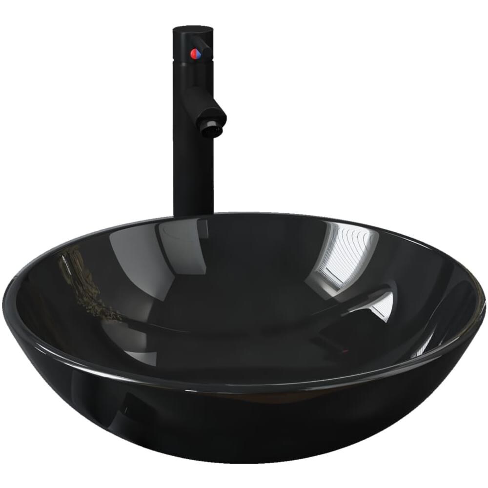Lavandino Bagno con Rubinetto e Piletta in Vetro Temperato Nero - Foto 2
