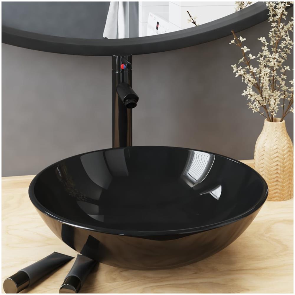 Lavandino Bagno con Rubinetto e Piletta in Vetro Temperato Nero - Foto 1