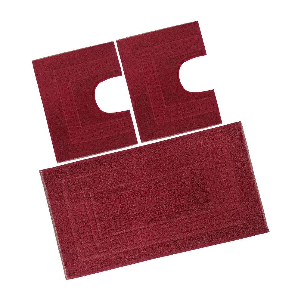 Tappeto Bagno Doccia Spugna Tinta Unita Torino Tappetino Super Assorbente In Cotone Pelo Corto Con Greca Parure 3 Pezzi Bordeaux - Foto 1