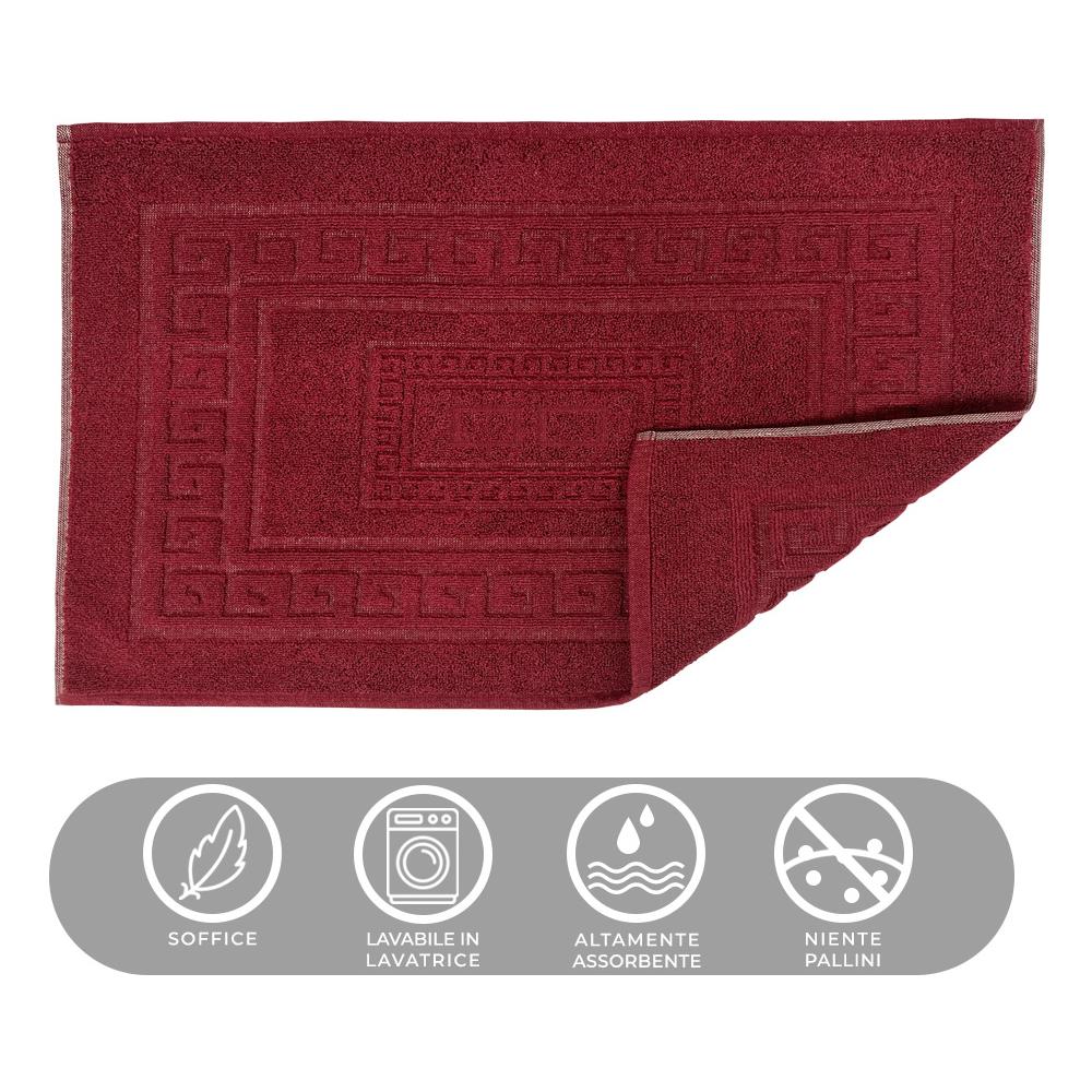 Tappeto Bagno Doccia Spugna Tinta Unita Torino Tappetino Super Assorbente In Cotone Pelo Corto Con Greca Parure 3 Pezzi Bordeaux - Foto 2
