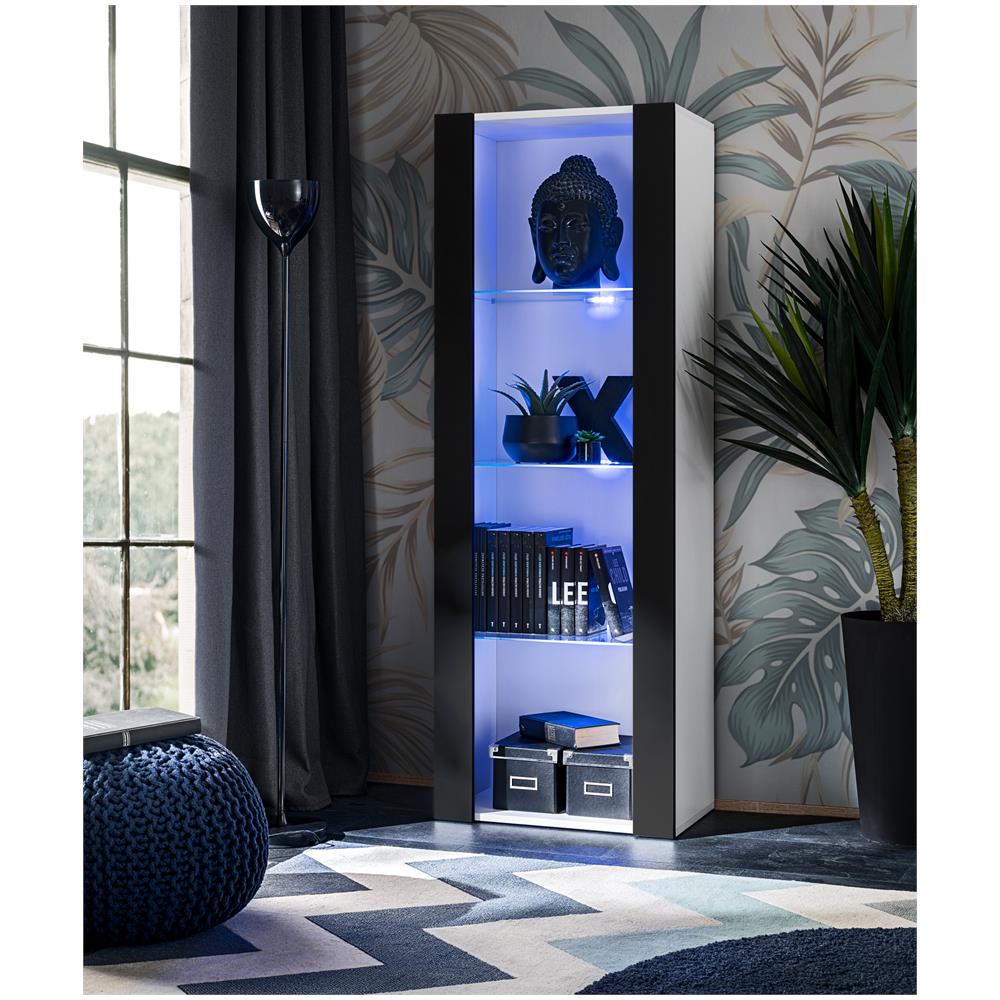 Komodee, Vetrina Tivoli, Bianco/nero, Larghezza 55 Cm X Altezza 159 Cm X Profondità 35 Cm, Led Blu, 3 Ripiani, Per Soggiorno, Camera Da Letto, Anticamera - Foto 1