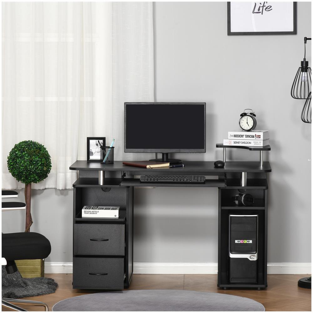 Scrivania In Legno Con Cassetti, Mensola Estraibile E Ripiano Rialzato Nero - Foto 2