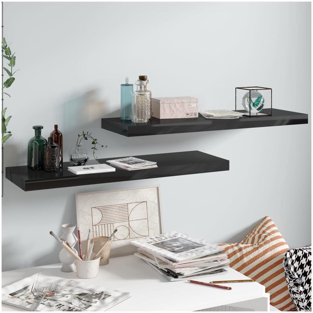 Scaffali A Parete 2 Pz Nero Lucido 80x23,5x3,8 Cm In Mdf - Foto 1