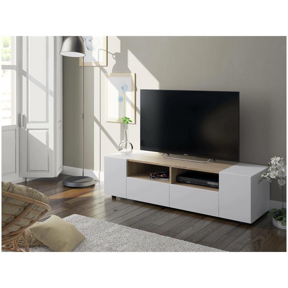 Mobile Porta Tv Topeka, Credenza Per Televisione Da Soggiorno, Supporto Per Tv Moderno, Credenza Bassa Multiuso, 138x42h36 Cm, Bianco E Rovere - Foto 1