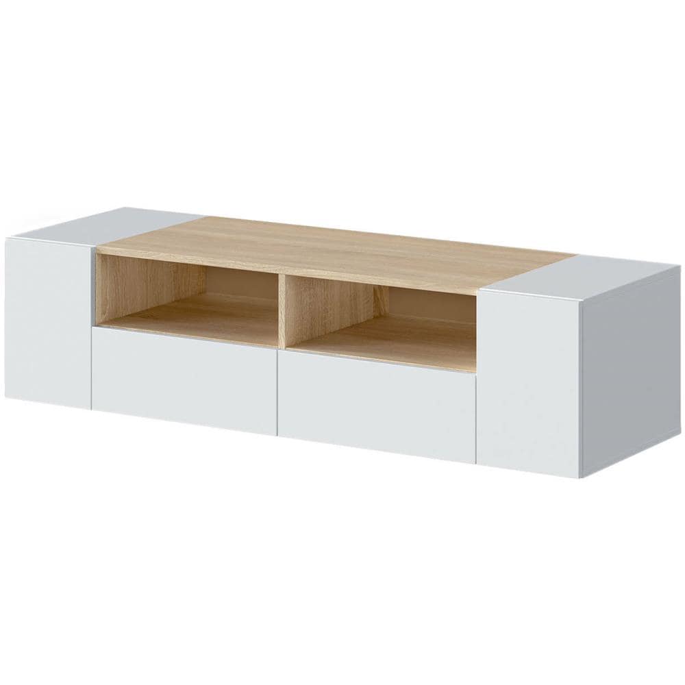 Mobile Porta Tv Topeka, Credenza Per Televisione Da Soggiorno, Supporto Per Tv Moderno, Credenza Bassa Multiuso, 138x42h36 Cm, Bianco E Rovere - Foto 2