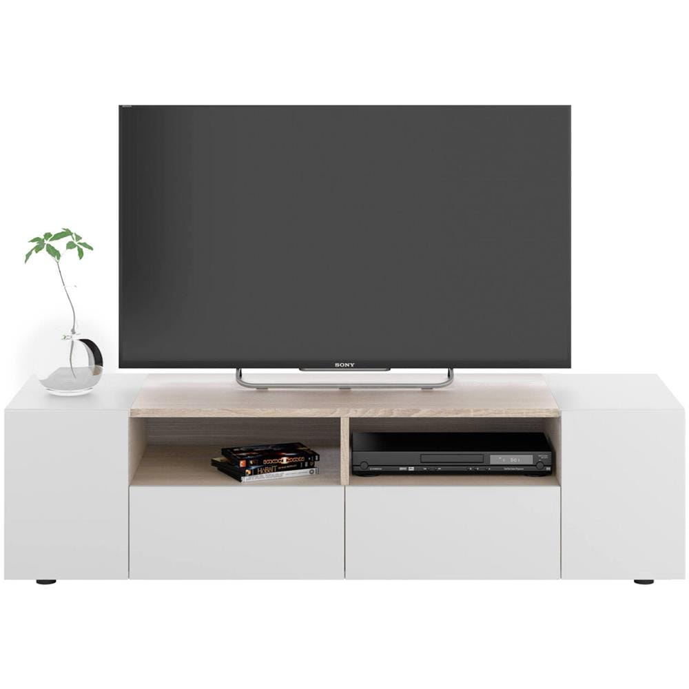 Mobile Porta Tv Topeka, Credenza Per Televisione Da Soggiorno, Supporto Per Tv Moderno, Credenza Bassa Multiuso, 138x42h36 Cm, Bianco E Rovere - Foto 4