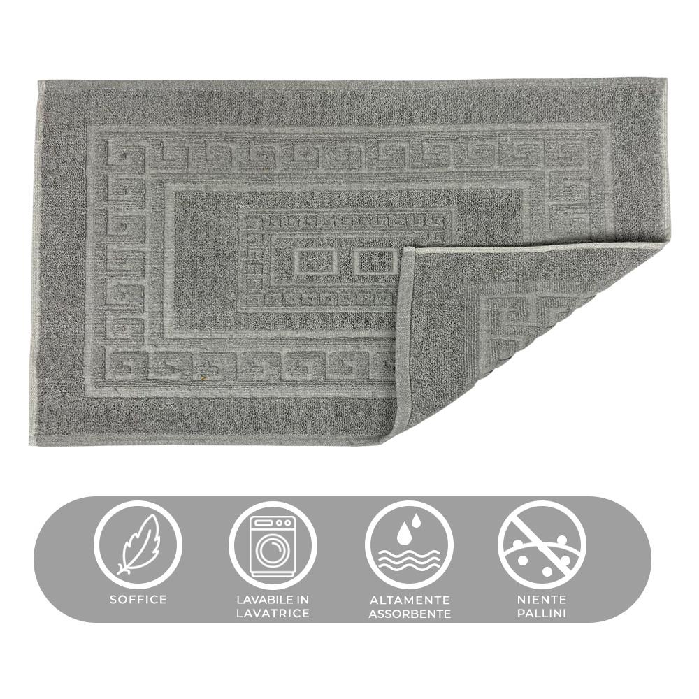 Tappeto Bagno Doccia Spugna Tinta Unita Torino Tappetino Super Assorbente In Cotone Pelo Corto Con Greca Parure 3 Pezzi Grigio - Foto 2