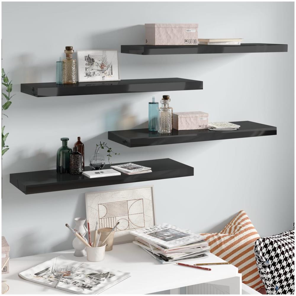 Scaffali A Parete 4 Pz Nero Lucido 80x23,5x3,8 Cm In Mdf - Foto 1