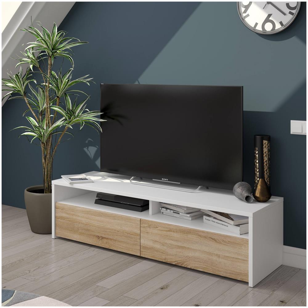Mobile Porta Tv Henderson, Credenza Per Televisione Da Soggiorno Con 2 Ante, Supporto Tv, Buffet Moderno Basso Da Salotto, 130x40h36 Cm, Bianco Lucido - Foto 1